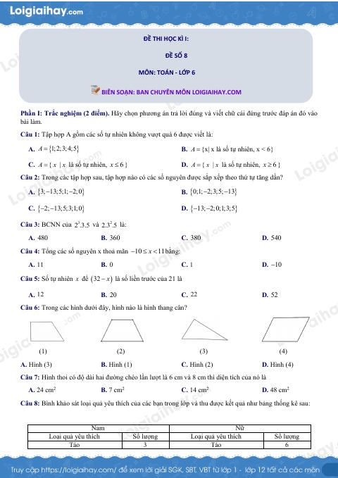 Đề thi học kì 1 Toán 6 - Đề số 8 - Chân trời sáng tạo